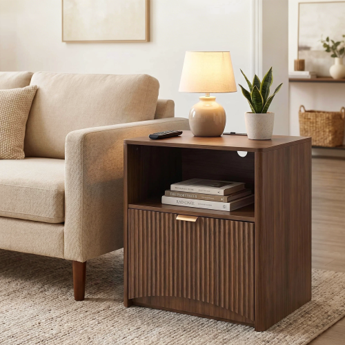 Set of 2 Walnut Mid-Century Nightstands with Charging Station