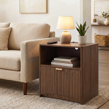 Set of 2 Walnut Mid-Century Nightstands with Charging Station