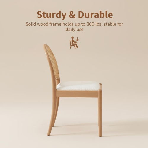 Set of 2 Beige Rattan Back Linen Dining Chairs, Solid Wood Leg Teddy Cushion 275lbs Capacity
