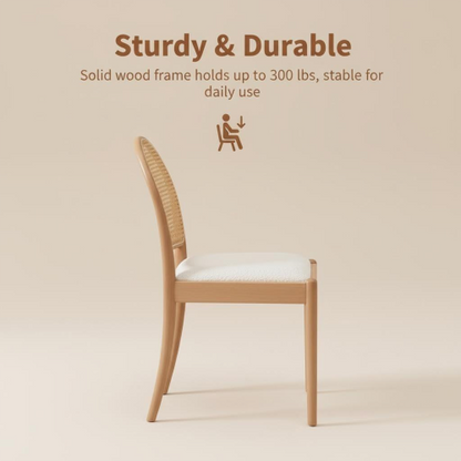 Set of 2 Beige Rattan Back Linen Dining Chairs, Solid Wood Leg Teddy Cushion 275lbs Capacity