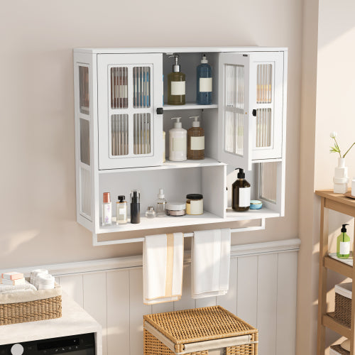 Bathroom Wall Cabinet, 3-Door Wooden Wall Cabinet with Open and Hidden Storage Space, Medicine Cabinet with Glass Door and Towel Bar for Entryway Living Room Bathroom Dining Room,White