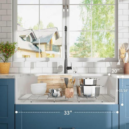 33 inch White Farmhouse Sink, Fireclay Apron Front Farm Kitchen Sinks Farmhouse Ceramic Porcelain Single Bowl Deep Large Capacity Kitchen Sink with Stainless Steel Grid and Strainer
