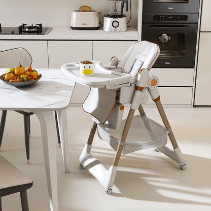 White Foldable Baby High  Dining  Chair for 0-6 Years, 5 Height Adjustable, Safety Belt, Lockable Silent Wheels