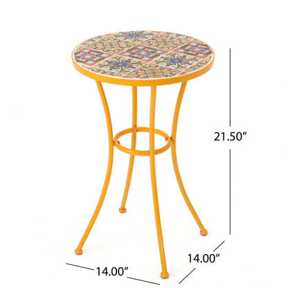 Outdoor Side Table with Tile Mosaic Table Top and Metal Legs, Yellow