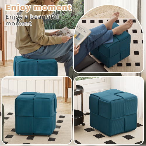 Blue Square Corduroy Ottoman Foot Stool, 300 LBS Sturdy No-Assembly Vanity Seat for Bedroom & Dorm