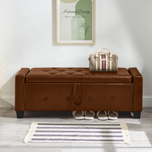 Brown Tufted PU Faux Leather 48 inch Storage Ottoman Bench, Entryway & Bedroom Shoe Bench