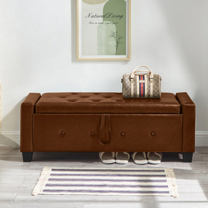 Brown Tufted PU Faux Leather 48 inch Storage Ottoman Bench, Entryway & Bedroom Shoe Bench