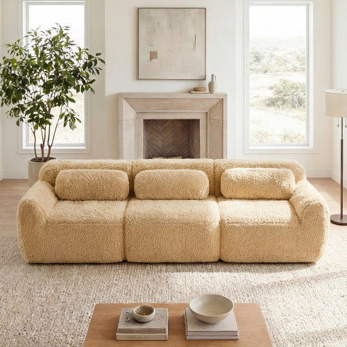 114 inch  Light-Khaki Plush Modular Sectional Sofa, Buckle Connection, No Assembly
