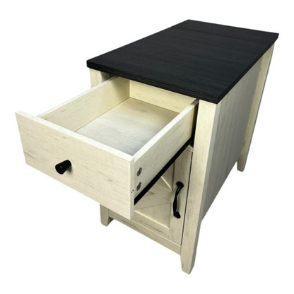 Farmhouse End Table Bedside Table with Charging Station,Night Stand with Barn Door and Drawer, Storage for Bedroom Living Room ,Bedside Table,  White+Black color