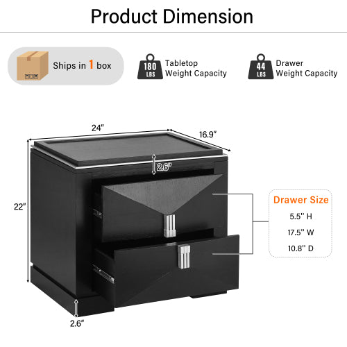 Mid-Century Modern Nightstand, 2 Drawers Wide Sofa Side Table,Wood Diamond Shaped End Table with Storage,Closet with Heavy Duty Base,Small Bedside Table for Bedroom,Living Room,Entrance,Black