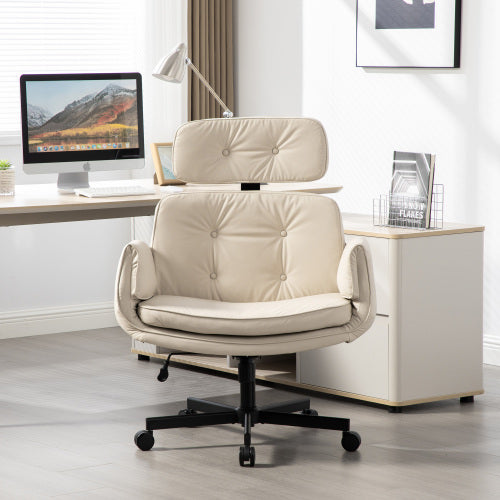 Criss Cross Chair with Adjustable Armrests & Wheels & Headrest, PU Lounge Vanity Desk Chair with Wide Seat for Cross-Legged Sitting, Swivel Task Office Chairs for Home, Makeup, Gaming, Office, Beige
