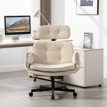 Criss Cross Chair with Adjustable Armrests & Wheels & Headrest, PU Lounge Vanity Desk Chair with Wide Seat for Cross-Legged Sitting, Swivel Task Office Chairs for Home, Makeup, Gaming, Office, Beige