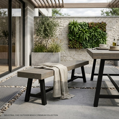 Acacia Wood Patio Bench,Grey/Rustic Metal