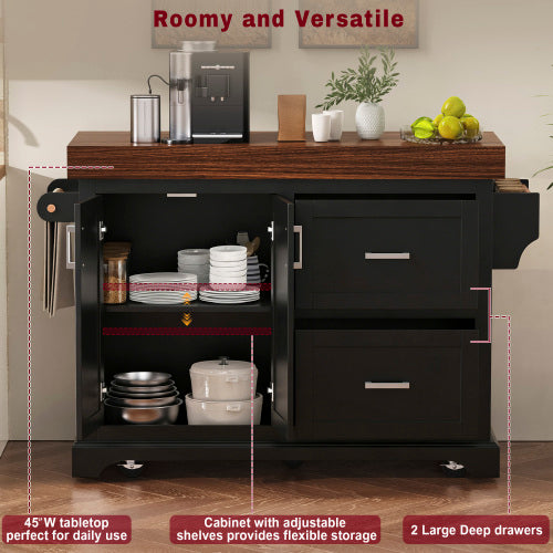 53 Inch Rolling Kitchen Island with Thick Top Drawers & Spice Rack Black