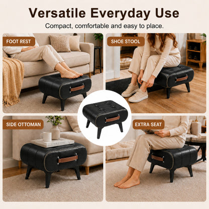 Rectangular Tufted Faux Leather Storage Ottoman with Handle & Metal Legs, Multiuse Footrest for Entryway & Small Apartment