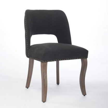 Set of 2 Black Hollow Back Fabric Dining Chairs, Curved Solid Wood Legs With Handmade Copper Nails