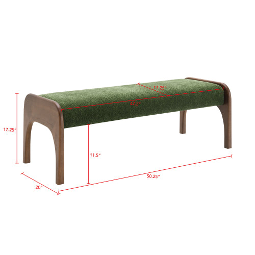 Green Chenille Upholstered Long Bench, 50.25 Inch Modern Dining & Entryway Bench with Rubber Wood Legs