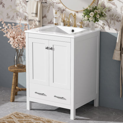 24-inch bathroom vanity with integrated undermount basin and a storage cabinet featuring 2 doors and 1 drawer. Includes double-layer door shelf, soft-close design, and versatile storage solutions