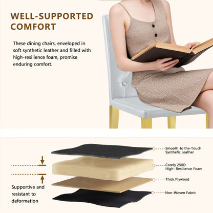 Set of 2 Light Grey PU Dining Chairs, Ergonomic Buckle Backrest, Gold Metal Legs, 35 inch  High