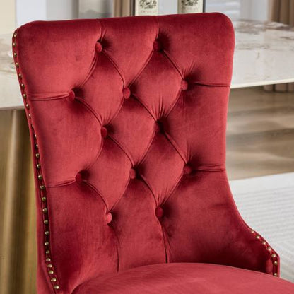 Mid-Century Modern Velvet Dining Chairs Set of 2 with Lion Head Pull Ring, Tufted Upholstered Chair, Wine Red