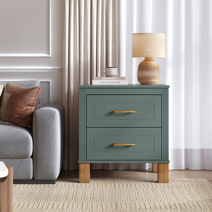 Blue Fluted Nightstand, 2-Drawer Bedside Table with Metal Handles & Solid Wood Legs