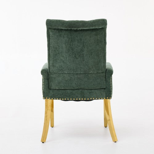 Tufted Chenille Dining Armchair with Nailhead Trim and Steel Legs, Olive Green