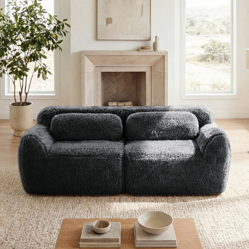 Dark-Grey 2-Seater Modular Plush-Fabric Sectional Sofa No-Assembly with Throw Pillows Non-Slip