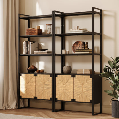 Rattan Storage Bookshelf with Cabinet for Living Room Bedroom