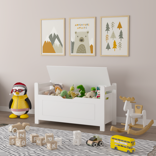 Kids Toy Box Chest, White Toy Box for Boys Girls, Large Storage Cabinet with Cushion Seat Bench/Flip-Top Lid/Safety Hinge, Toy Storage Organizer Trunk for Nursery, Playroom