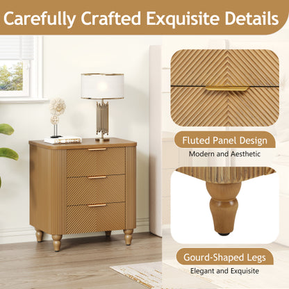 Mid-Century Fluted 3 Drawers Nightstand, Bedside Table with Curved Profile Design and Wide Gold Glossy Handles, End Table for Living Room, Bedroom, Easy Assembly, Natural