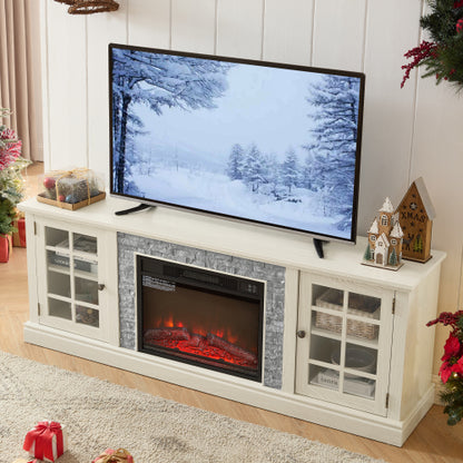 70 Inch TV Stand with 23 Inch Electric Fireplace Faux Stone White Console