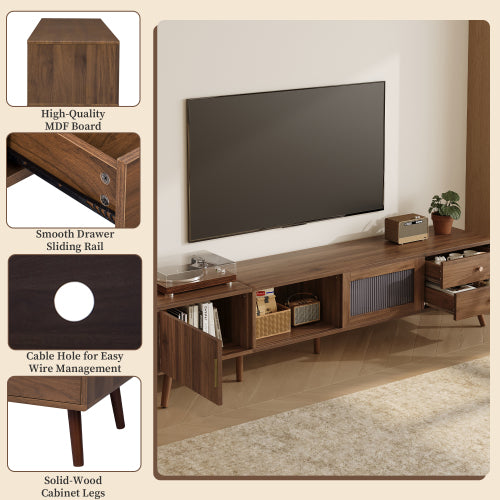 76 Inch Modern TV Stand with Glass Doors Wood Grain Media Console