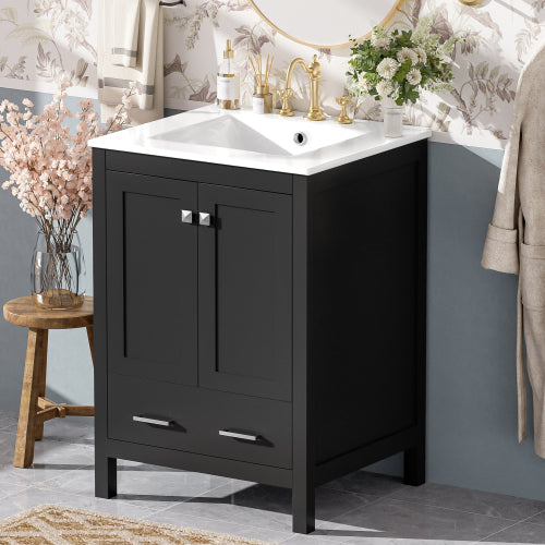 24-inch bathroom vanity with integrated undermount basin and a storage cabinet featuring 2 doors and 1 drawer. Includes double-layer door shelf, soft-close design, and versatile storage solutions