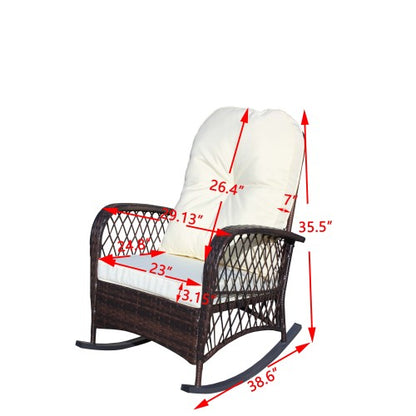 Outdoor Wicker Rocking Chair with Wide Seat, Thick, Soft Cushion, Rattan Rocker w/Steel Frame, High Weight Capacity for Patio, Garden, Backyard, Beige Cushion