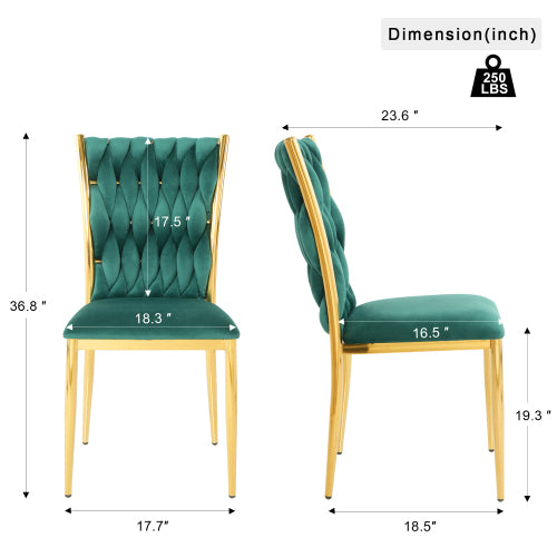 Velvet Upholstered Dining Chairs with Metal Legs, Set of 2, Green