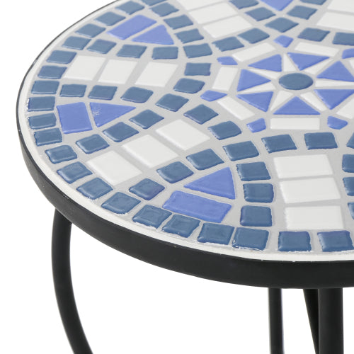 Outdoor Round Side Table with Mosaic-Style Top and Curved Iron Legs, End Table-Blue ,Wihte and Matte Black