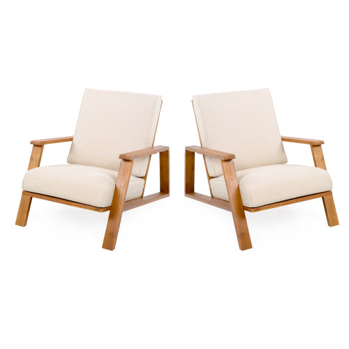 Patio Lounge Chair Set of 2, Outdoor Club Chair with Beige Cushion and Teak Acacia Wood Frame