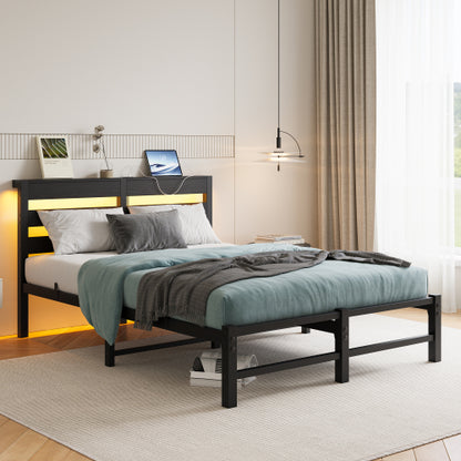 Full Size Metal Bed Frame with Wooden Headboard, RGB Lights, Outlets & Charger, Storage Shelf, Noise-Free, No Box Spring Needed