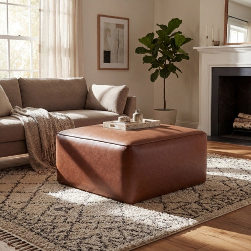 29.5 inch Square Brown PU Leather Ottoman, Modular Upholstered Foot Stool with Pocket Coil Spring & Wood Frame