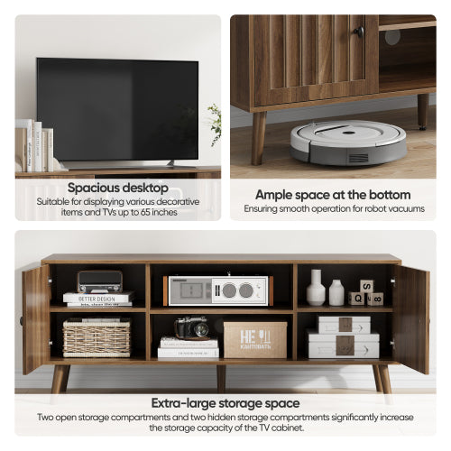 55 Inch Walnut Vertical Fluted Door Mid-Century TV Stand Adjustable Shelf Media Console Cabinet