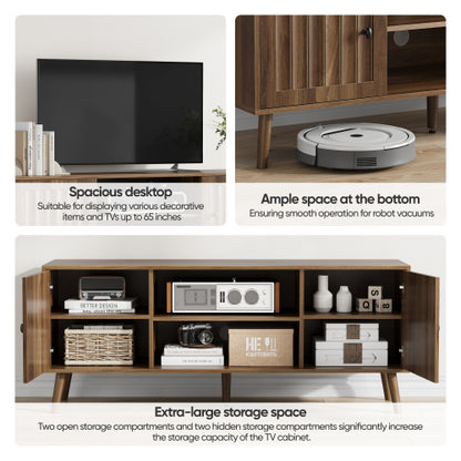 55 Inch Walnut Vertical Fluted Door Mid-Century TV Stand Adjustable Shelf Media Console Cabinet