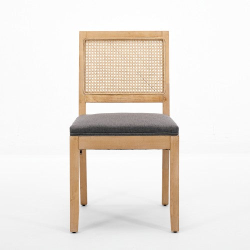 Set of 2 Gray Farmhouse Cane Rattan Dining Chairs, Solid Hardwood Frame Linen Upholstered Side Chairs 300 LBS Capacity