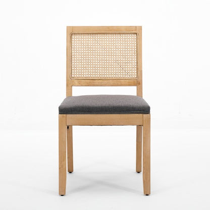 Set of 2 Gray Farmhouse Cane Rattan Dining Chairs, Solid Hardwood Frame Linen Upholstered Side Chairs 300 LBS Capacity
