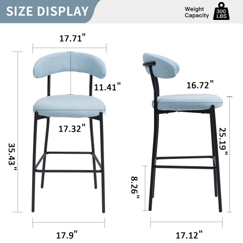 26inch  Counter height bar stools Teddy fabric cover kitchen island counter bar stool with black powder coating base and footrest(BLUE)