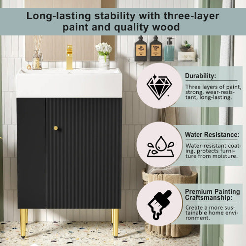 21.6" Black Bathroom vanity, Combo Cabinet, Bathroom Storage Cabinet, Single Ceramic Sink, Left side storage