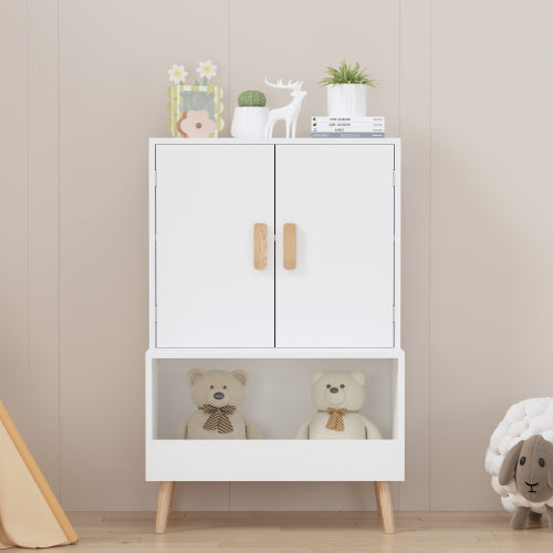 Kids Toy Storage Cabinet with Doors and Open Shelf White