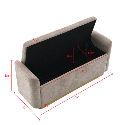 49 inch Brown Chenille Storage Ottoman Bench, Gold Metal Base Wood Frame 350 LBS Safety Hinge Entryway Bench