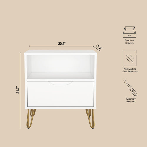 White Modern Nightstand with Drawer, Shelf & Metal Legs
