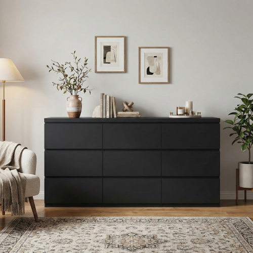 9 Drawer Dresser with No Handle Design, Modern Black Matte Wood Dresser for Bedroom, Storage Chest of Drawers for Living Room, Hallway, Entryway
