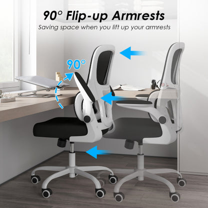Office Chair, Mesh Ergonomic Office Chair with Lumbar Support, Comfy Computer Desk Chair with Flip Armrest Rolling Wheels for Home Study Room Office, White & Black